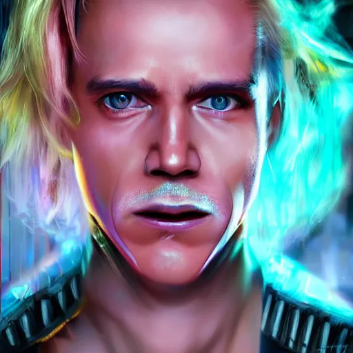 Image similar to cyberpunk, closeup portrait of a cyberpunk entertainer, hologram, blond hair, grey eyes, sadistic smile, delicate jaw, dramatic light, city background, sunset, dystopian setting, high contrast, sharp, neuromancer, peter riviera, painted by stanley lau, painted by greg rutkowski, painted by stanley artgerm, digital art, trending on artstation