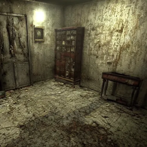 Prompt: room of a dark mansion, objects from ritual in the ground, realistic, highly detailed, background of silent hill game