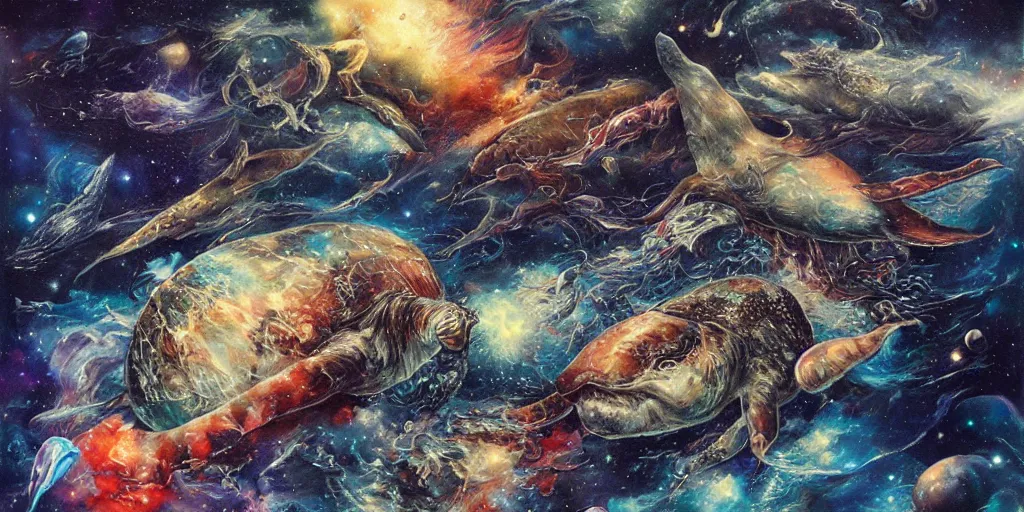 Image similar to detailed painting of aquatic animals swimming in space, whales, turtles, sting rays, colorful nebulas, planets, in the style of ayami kojima, artem demura