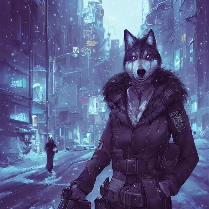 Prompt: beautiful furry art portrait commission of a female furry anthro wolf fursona both wearing a tactical swat uniform in the streets of a cyberpunk city at night in the snow. neon signs. character design by charlie bowater, ross tran, artgerm, and makoto shinkai, detailed, inked, western comic book art