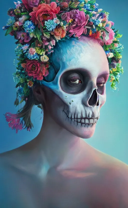 Image similar to a beautiful oil painting hyperrealism of a beautiful woman, skull makeup, flowers, floral headdress, 8 k resolution, octane render, trending on artstation, by gediminas pranckevicius, volumetric light 2 blue fractal thunder glow by dan mumford, anaglyph effect, laurie lipton