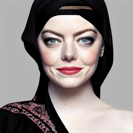 Image similar to A portrait of Emma Stone wearing Black Arabian Abaya, high quality, fully detailed, 4k