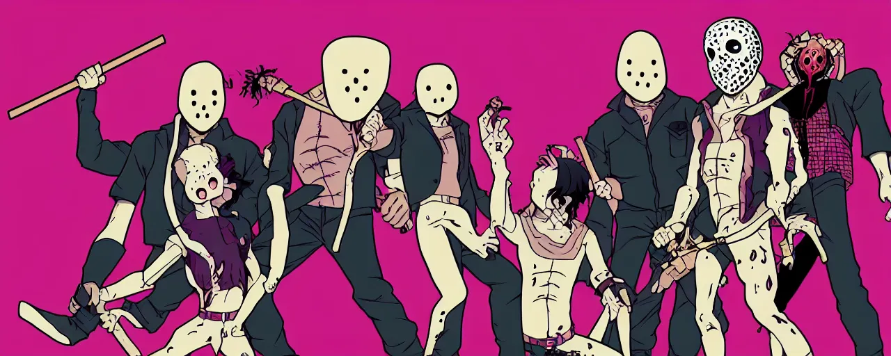 Prompt: Jason Vorhees in the style of JoJo’s bizarre adventure. Award winning. Cel animation