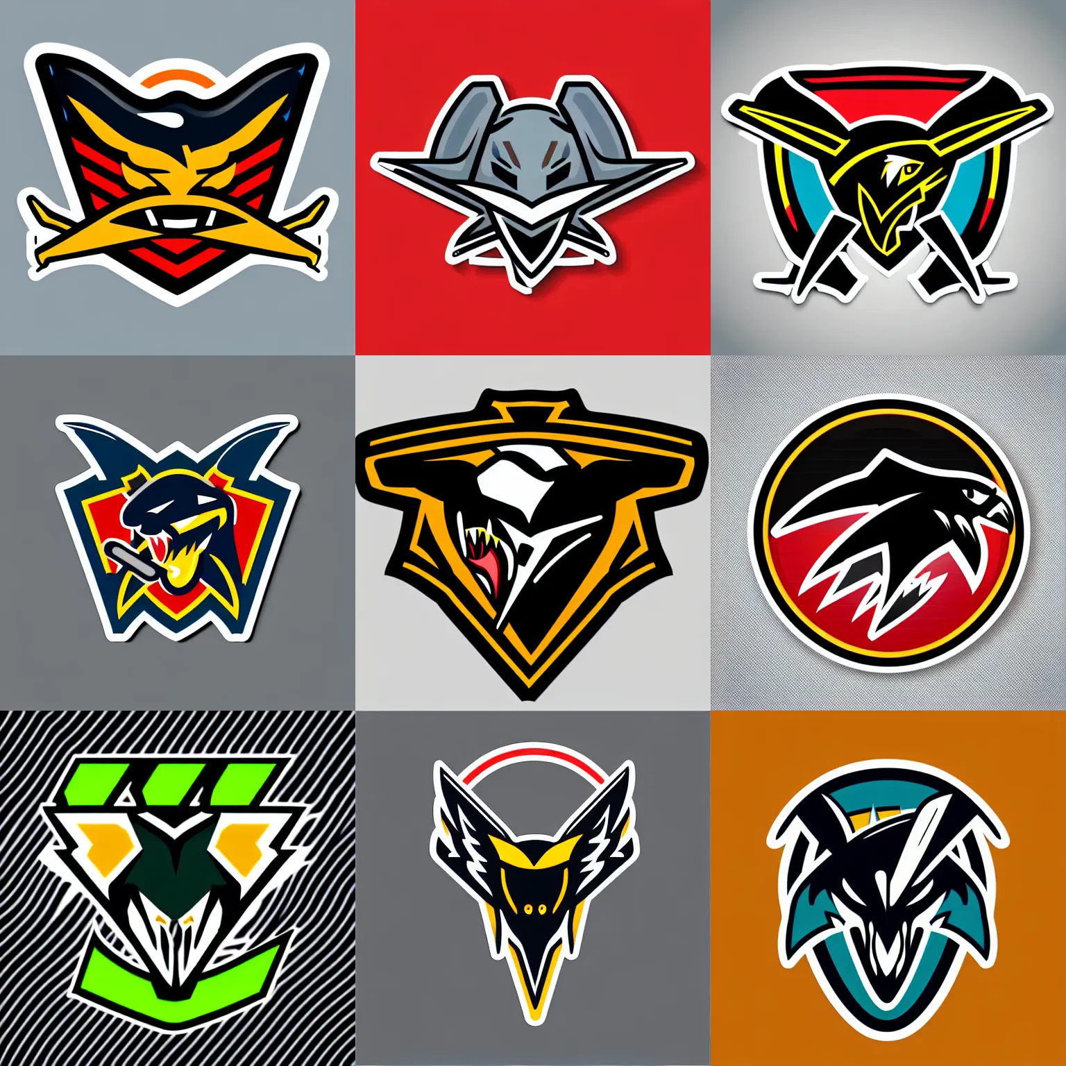 Prompt: “hockey team logo, f-22 raptor fighter jet mascot with vicious detailing, flying swoosh, full body mascot, sticker, highly detailed, colorful, illustration, smooth and clean vector curves, no jagged lines, low noise, vector art, logo”