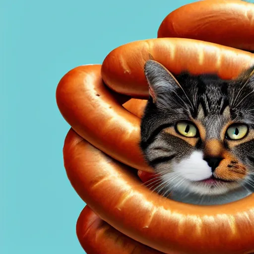 Image similar to a cat made out of hot dogs, photorealistic, high resolution, cinematic