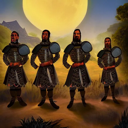 Prompt: A group of armoured Spanish conquistadors holding torches on a sandy beach Cove in middle of a magical forest in a dark night. Inca ruins in the background. Pale crescent moon in the sky. detailed digital painting, artstation