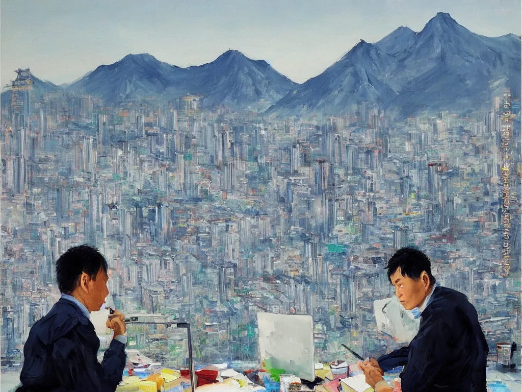 Prompt: ‘The Center of the World’ (Liu Xiaodong realist oil painting, large thick messy colorful brushstrokes, office worker next to a blue river and mountains) was filmed in Beijing in April 2013 depicting a white collar office worker. A man in his early thirties – the first single-child-generation in China. Representing a new image of an idealized urban successful booming China.