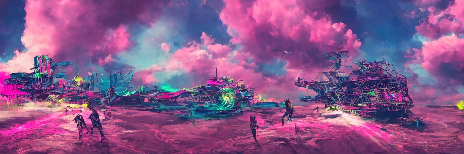 Prompt: space, dog, run, pirate neon ship with punks on board, mohawks, neon, oil painting, pink, rich deep colors masterpiece, ultra detailed, contrast, heaven pink, lots of roman arches, punk rock with mohawks, clouds, sky, volumetric light, atmospheric lighting, dramatic, cinematic, moody, octane render 4 k, 8 k