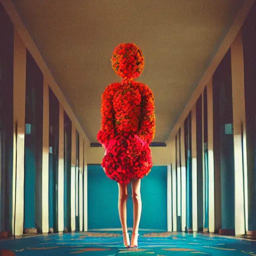 Image similar to giant flower head, full body, girl standing in mid century hotel, surreal, symmetry, bright colors, blue sky, cinematic, wes anderson