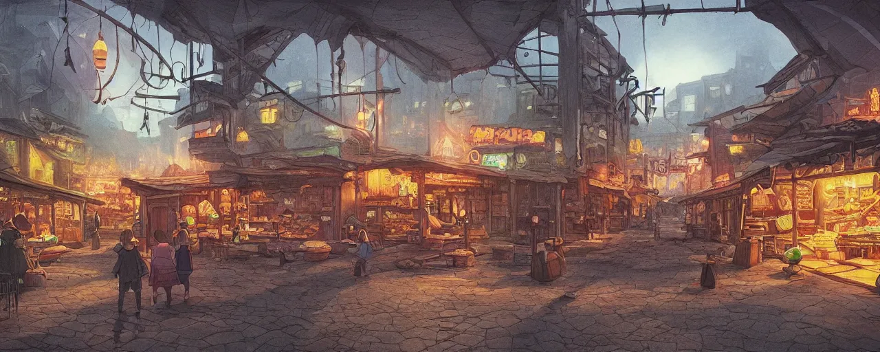 Image similar to “The eerie, forlorn atmosphere of a marketplace that is usually bustling with people but is now destroyed by wildfire in the style of studio ghibli, fantasy book illustration 8k movie poster, cinematic composition, ultra detailed, HDR shot, bright colours, happy faces”