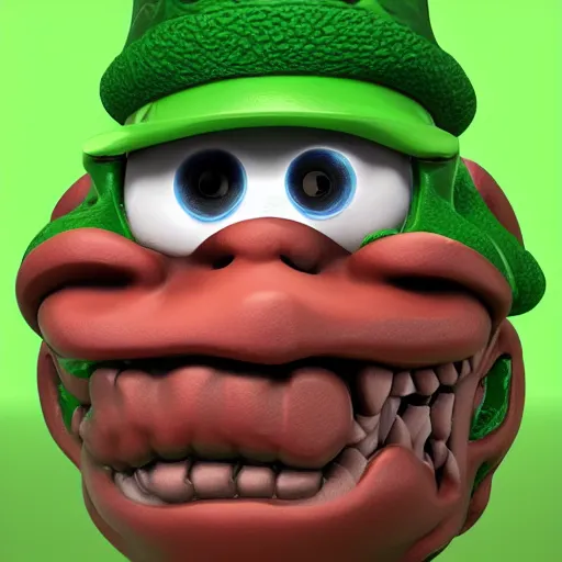 Image similar to a green hat with a monster's head on it, an ambient occlusion render by seuss dr, polycount contest winner, lyco art, rendered in maya, ambient occlusion, contest winner