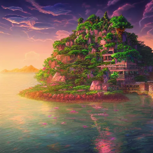 Image similar to the aesthetic view of the beautiful, grand, wistful, dreamy lonely island at dusk, hyperrealistic anime illustration by iralki nadar, colorful, extremely detailed, intricate linework, super sharp focus, bright colors, octopath traveler, studio ghibli, unreal engine 5 highly rendered, global illumination, radiant light, detailed and intricate environment