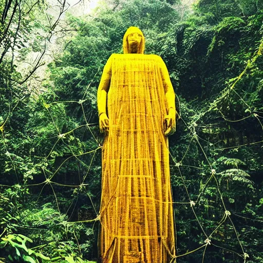 Prompt: “giant ancient statue wrapped in translucent yellow mesh tarps in a dense jungle”