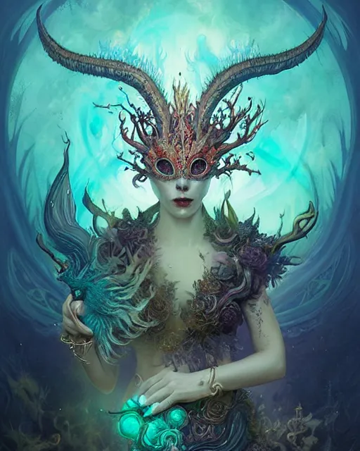 Prompt: intricately detailed dragon priestess mask adorning flowery horns and magma obsidian twisting trim, liquid smoke, shattered glass, underwater glow, peter mohrbacher, ismail inceoglu, james jean