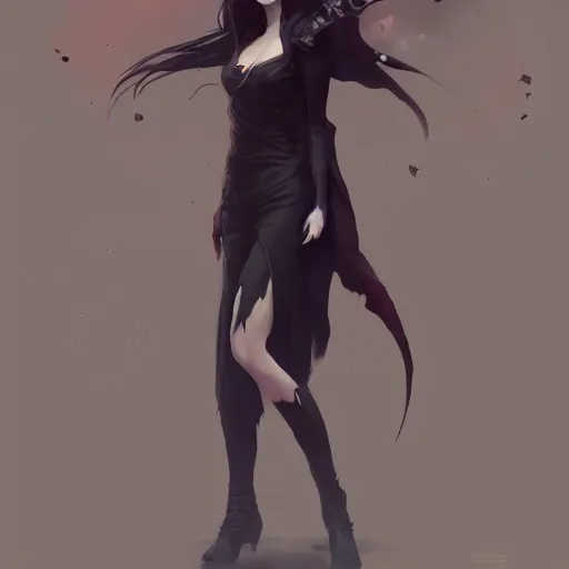 Image similar to female human vampire witch in the style of greg rutkowski, makoto shinkai, trending on artstation, character design, concept art, pretty face, highly detailed, long black hair, portrait, digital art