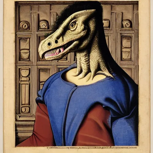 Image similar to portrait of an anthropomorphic tyrannosaurus rex, dressed as an italian noble, sandro bottecelli, 1 5 0 0