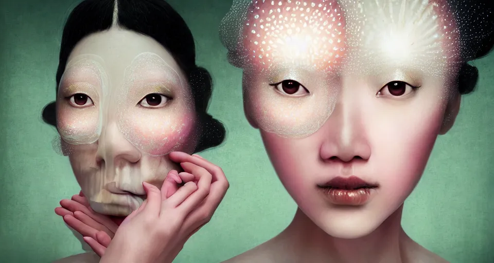 Image similar to closeup shot of asian female wearing a luminous soft fragile jelly fish dress, symmetrical face, by ray caesar, by louise dahl wolfe, by andrea kowch, by anna claren, surreal photography