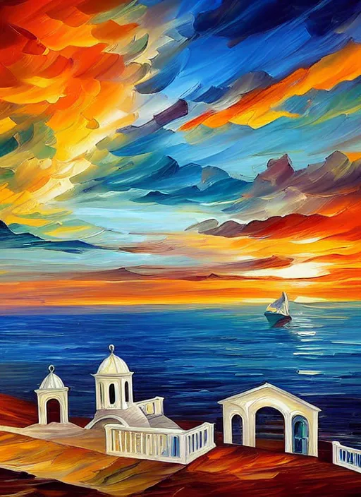 Image similar to beautiful seaside greek chapel at sunset in the style of leonid afremov