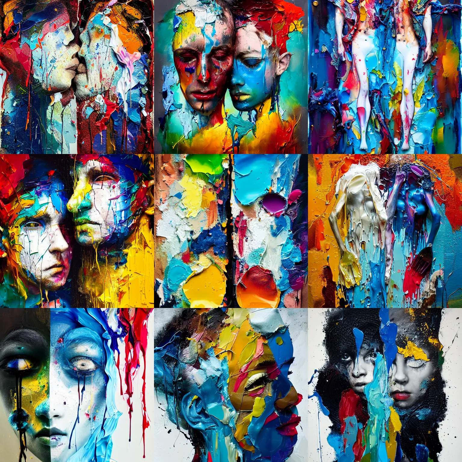 Prompt: Twin souls, palette knife, paint drip, acrylic and oil painting, poetic and symbolic, Alberto seveso and Dan McCaw, fineart, behance,