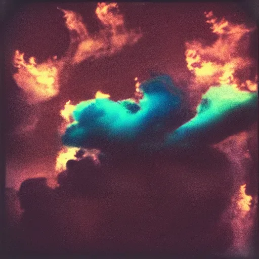 Image similar to polaroid of clouds of smoke that look like dancers, texture, lomography, fashion neon light