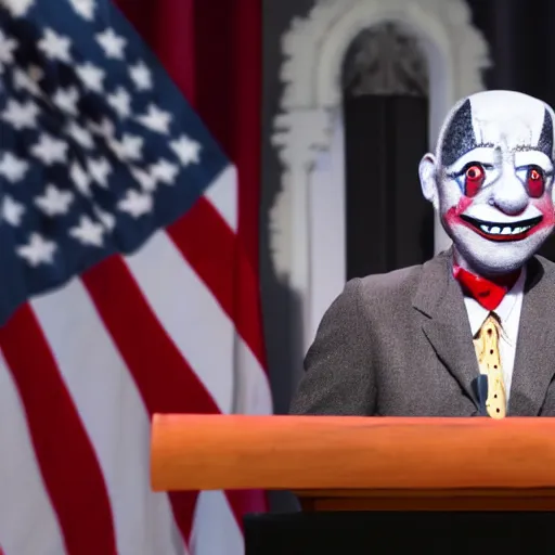 Image similar to marionette of a president with clown makeup in a podium and a human shadow behind