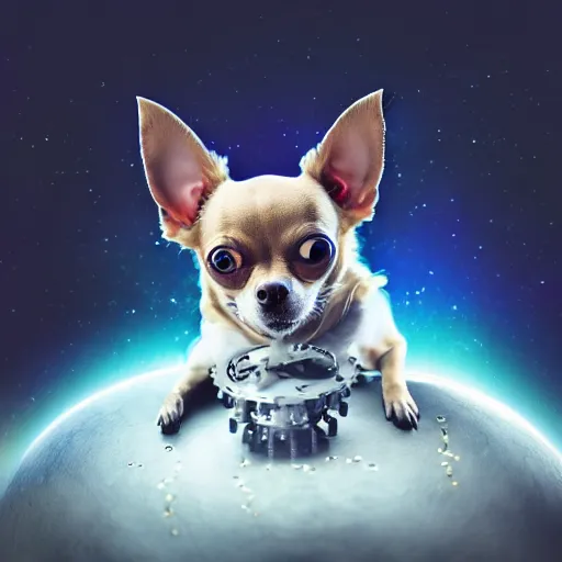 Image similar to Chihuahua cyborg, mechanical, celestial background, octane, 4k, hyper realism, sharp focus