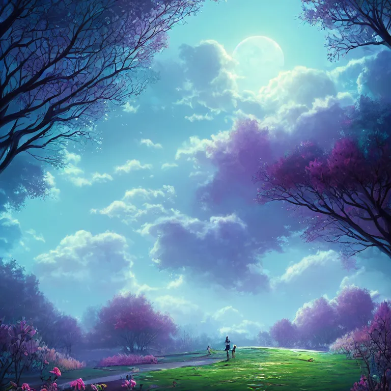 Image similar to A beautiful ultra detailed matte painting Moonlight woods near the water puffy clouds in sky vivid colors, by Cyril Rolando, David Wiesner, unreal engine, featured on artstation