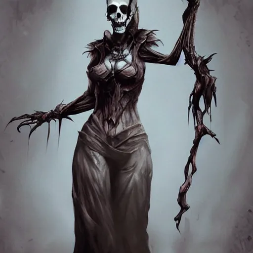 Image similar to female wraith, undead, dynamic pose, skull, terrifying, dark, fog, artstation