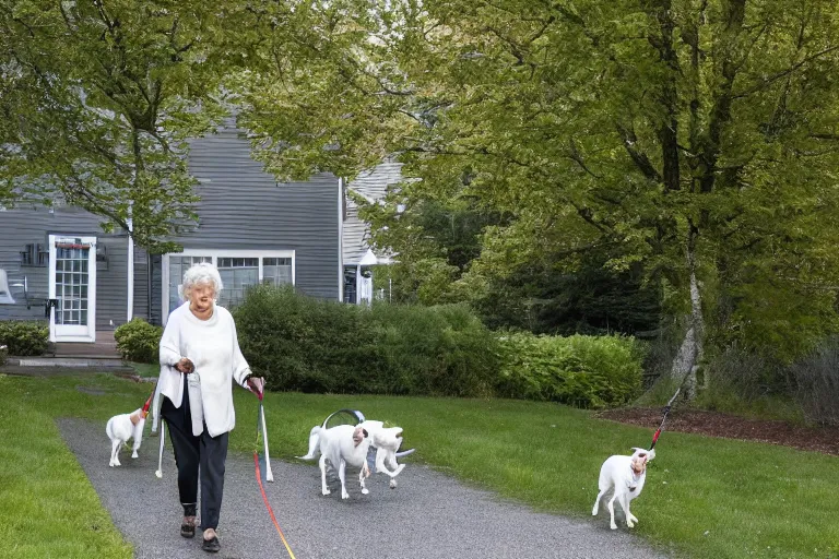 Image similar to the sour, dour, angry lady is walking her three tiny white dogs on leashes outside her green house. the old lady, glaring at the camera, exudes unpleasantness. the old lady shuffles around, looking down. she has gray hair. she is wearing a long gray cardigan and dark pants. large norway maple tree in foreground.