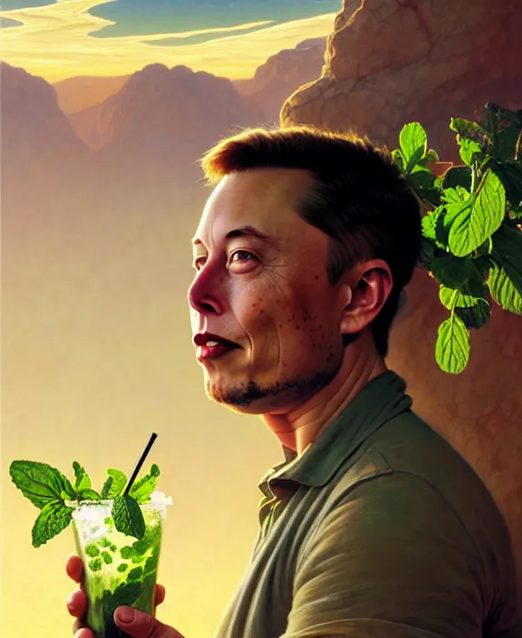 Image similar to elon musk sipping mojito on mars, mottled coloring, adorable, childlike, pastoral environment, ultra realistic, concept art, art nouveau, photorealistic, octane render, 8 k, unreal engine. art by christopher marley and artgerm and greg rutkowski and alphonse mucha