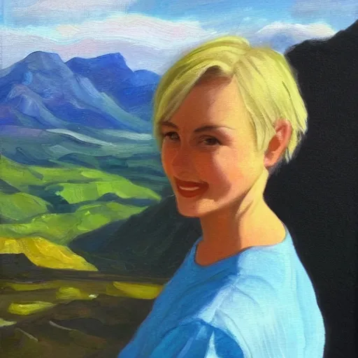 Prompt: a woman with short blonde hair poses on a mountain, oil painting,