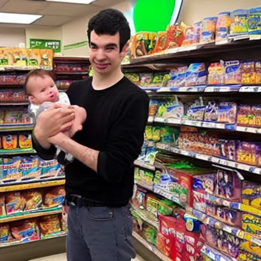 Image similar to Nathan fielder holding a baby in a 7 eleven,