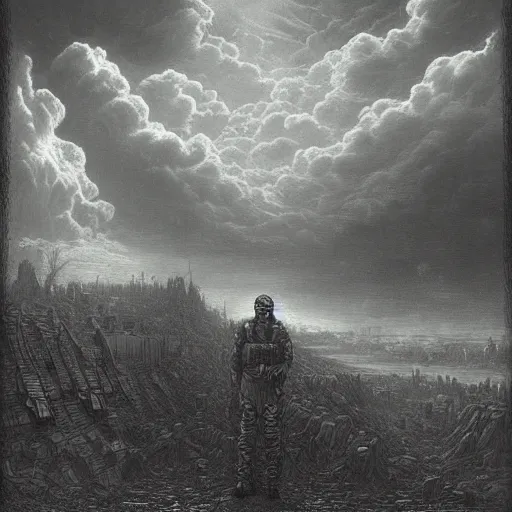 Prompt: apocalyptic landscape, soldier in gasmask, dark clouds, dark, eerie, dystopian, city, end times, illustration by Gustave Doré