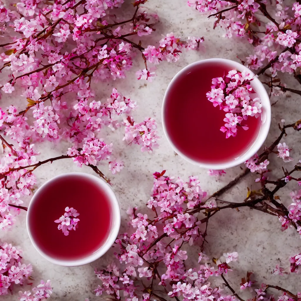 Image similar to photo of sakura cherry blossom tea, beautiful, high detail, recipe, cinematic