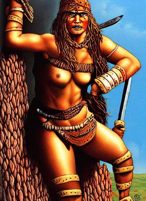 Prompt: barbarian warrior girl in tribal painting by Richard Corben