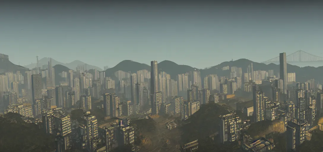 Prompt: Photo of Hong Kong Skyline in Fallout 4 Style, 8K, daytime, high quality