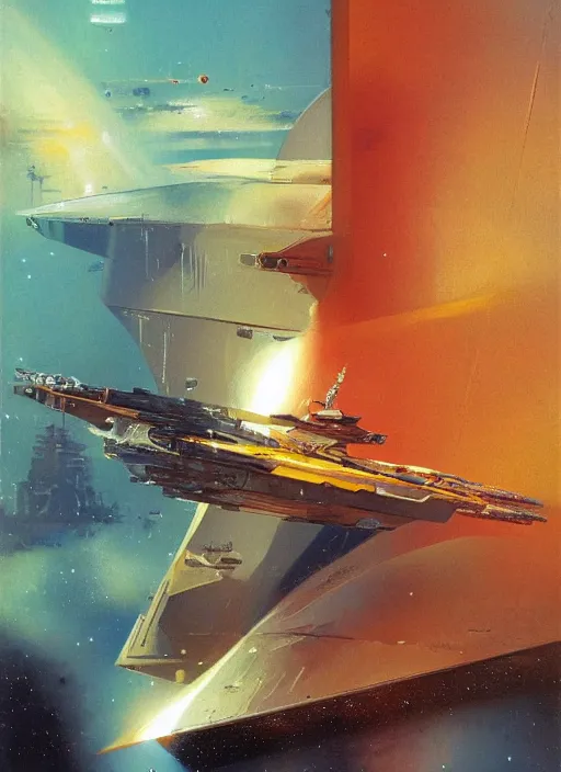 Image similar to understated. distant. negative space dominant. vast. empty. spacious bg. minimalistic piece. simplified environment. lonely cosmos. single ship as main subject. masterpiece book cover illustration by the great famous sci - fi artist john berkey.