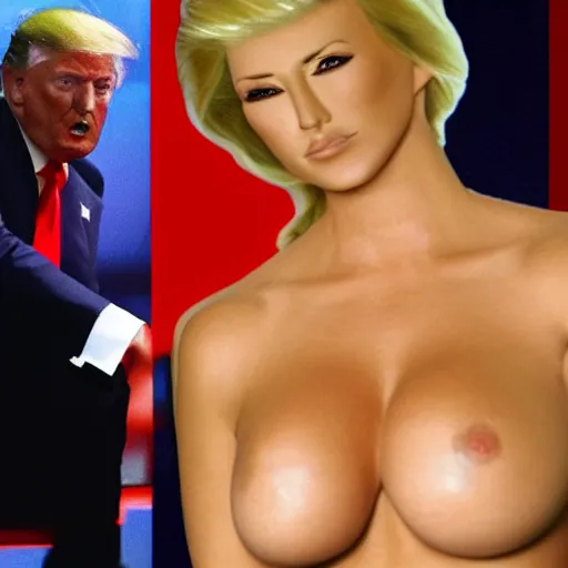 Image similar to hyper realistic photo of donald trump as a playboy model bending over, proportional body