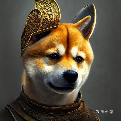 Prompt: detailed photorealistic painting of a shiba inu wearing a highly detailed ornamented bronze typical viking helmet with two horns, sharp focus in the style of ruan jia, Mandy jurgens, cinematic light, concept art, trending on artstation, ultra realistic