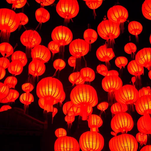 Image similar to night club, red chinese lanterns, people's silhouettes