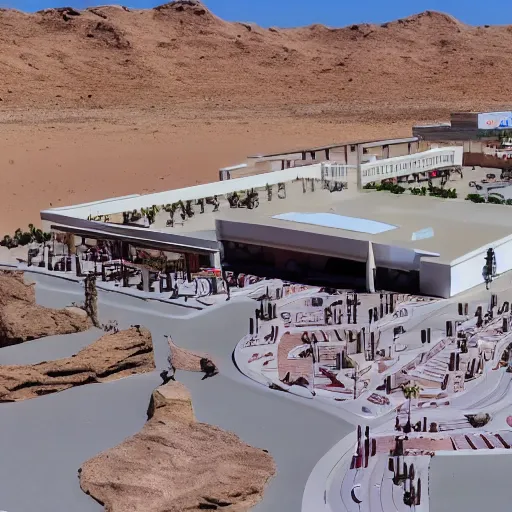 Image similar to A diorama of a shopping center in the middle of the desert