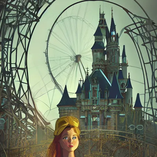 Image similar to a girl in chernobyl!!! disneyland castle!! silent hill!! wide angle, trending on artstation, art by greg rutkowsky and alphonse mucha