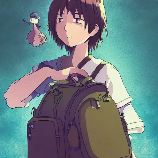 Prompt: friendly guy and small creature in the bag , with Fragile looking character portrait face made by Studio Ghibli highly detailed art, beautiful scene, sharp focus, smooth, 8k, anime art, wild, dark, fantasy, peaceful, colorful