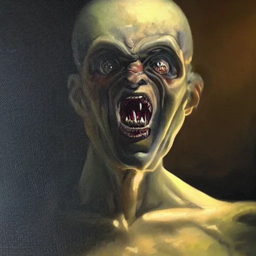 Prompt: oil painting by christian rex van minnen portrait of an extremely bizarre disturbing mutated man with intense chiaroscuro lighting perfect composition masterpiece intense emotion