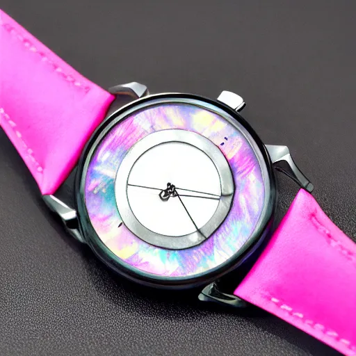 Prompt: astronomical watch made of pink mother - of - pearl, super futuristic