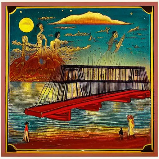 Prompt: aesthetic by george pemba, by heinrich lefler mexican muralism, charming. a sculpture of a group of flying islands, each with its own unique landscape, floating in the night sky. the islands are connected by a network of bridges. a small group of people can be seen walking along one of the bridges.