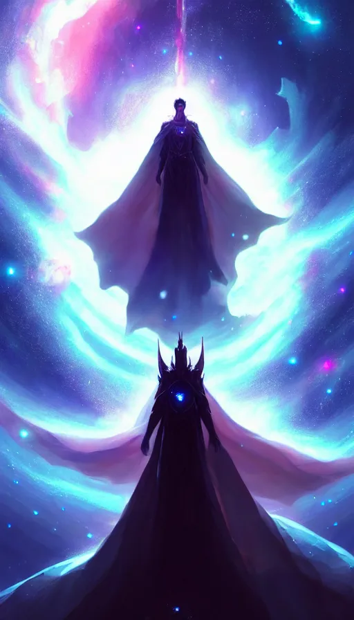 Prompt: celestial god with a cape, epic scene, holy, full body, galaxy, and, stars, atmosphere, unreal engine, pixar, video game, ethereal, insanely, detailed, volumetric, symmetrical, concept art, charlie bowater, tsutomu nihei, unreal engine, artstation, cinematic, video game, digital painting, artist maena