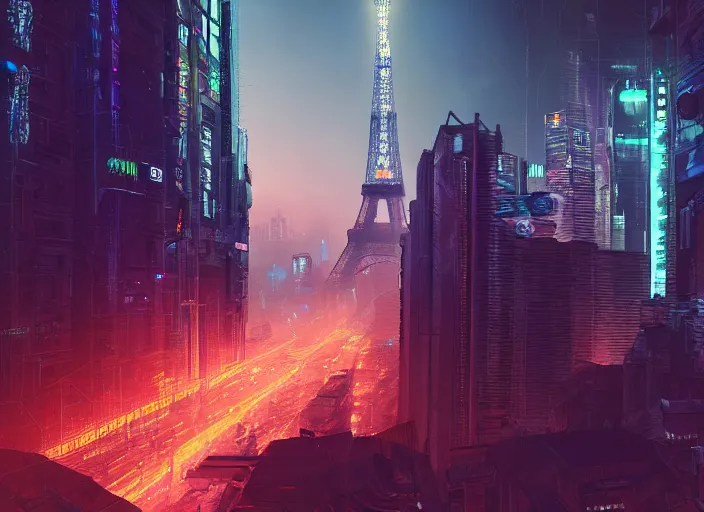 Prompt: cyberpunk scifi scene of paris at night, scifi drone, artstation, matt painting, very detailed, maximalism, ambient occlusion, volumetric light, atmospheric haze, unreal engine, hyper realism, realistic shading, cinematic composition, realistic render, octane render, detailed textures, photorealistic, wide shot