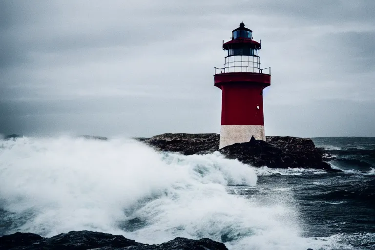 Image similar to film still of a lighthouse at bad weather with heavy waves, photography, natural light, cinematic, 8 k