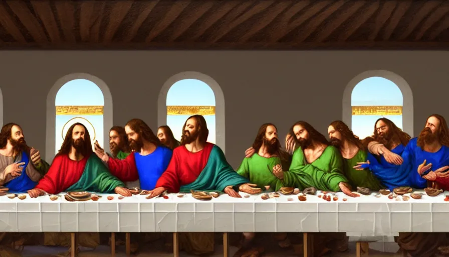 Prompt: Drunk Jesus Christ in The Last Supper, hyperdetailed, artstation, cgsociety, 8k